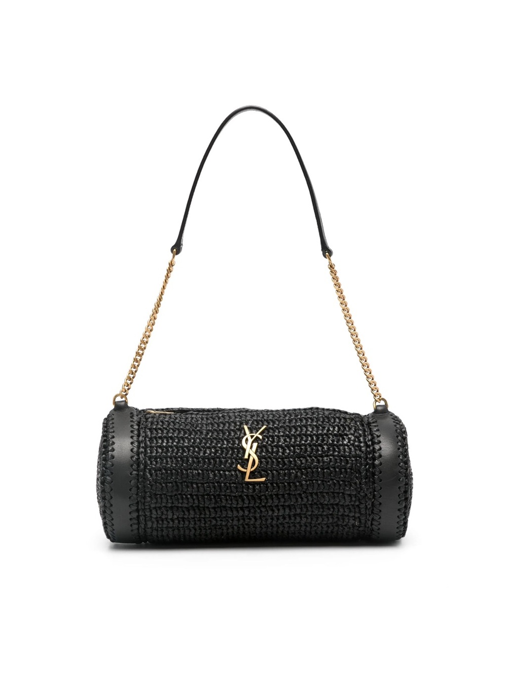 Saint Laurent Black Raffia & Leather Barrel Bag with Gold YSL Hardware